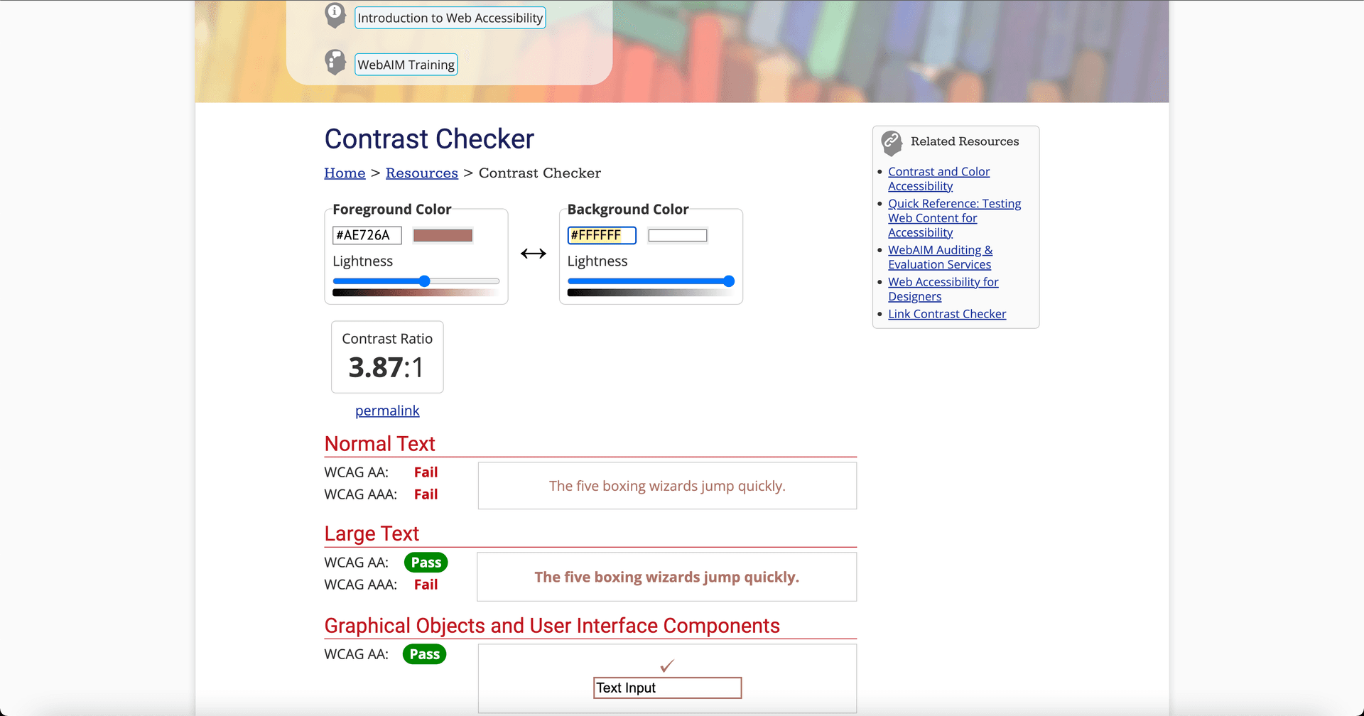 Screenshot of the WebAIM Color Contrast Checker shows #AE726A — a shade of brown — selected as the foreground color, and #FFFFFF — pure white — selected as the background color. The contrast ratio is listed below as 3.87:1. Below that, examples of the color combo are shown for normal text, large text and graphical objects and user interface components, along with notes on whether the selected color combo passes WCAG AA and/or AAA standards in each scenario.